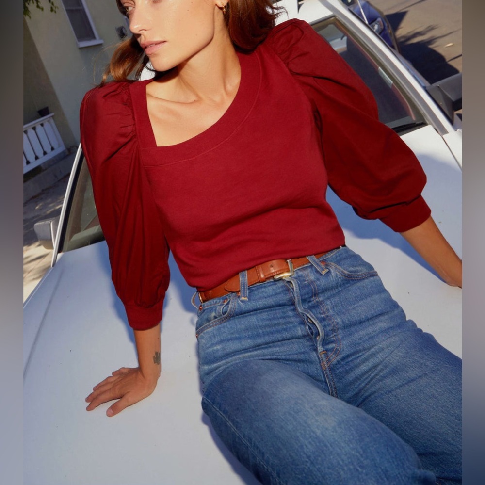 NEW NWT nation tori asymmetrical top ruby red small puff sleeve revolve summer